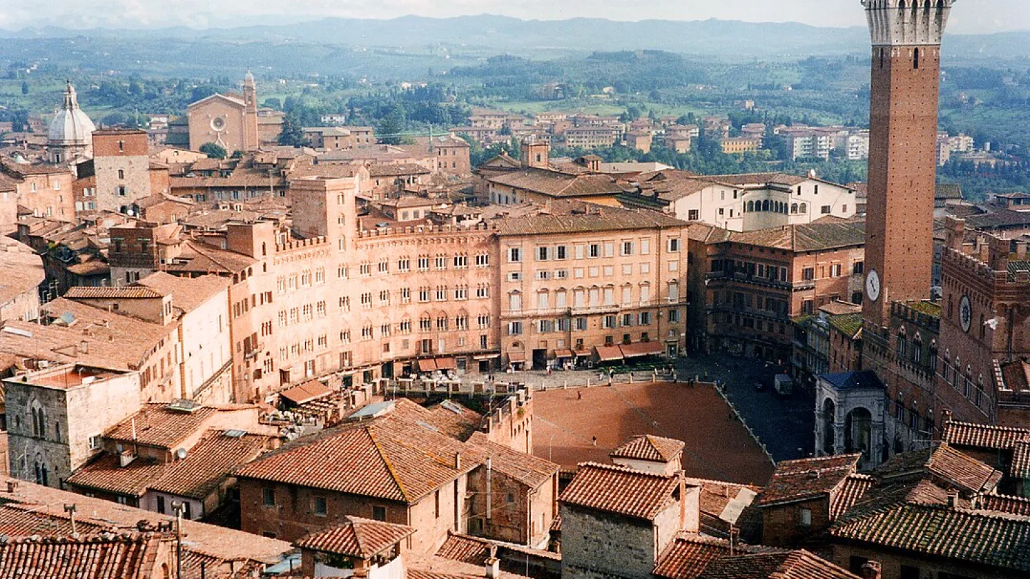 Aerial view of historic center in Piazza del Campo